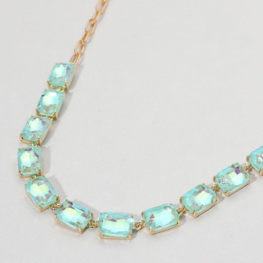 AB, Mint Cushion Rectangular Stone Cluster Link Evening Necklace
