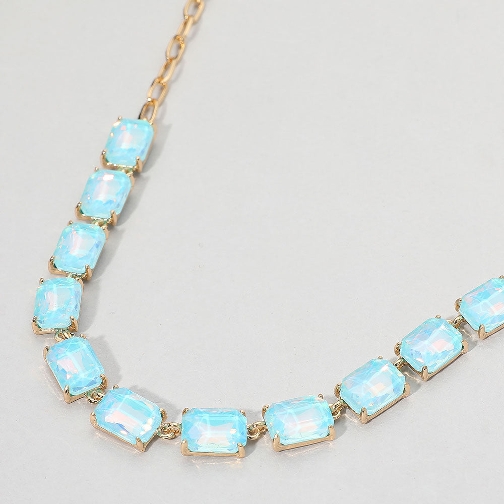 Blue, Opal, Cushion Rectangular Stone Cluster Link Evening Necklace
