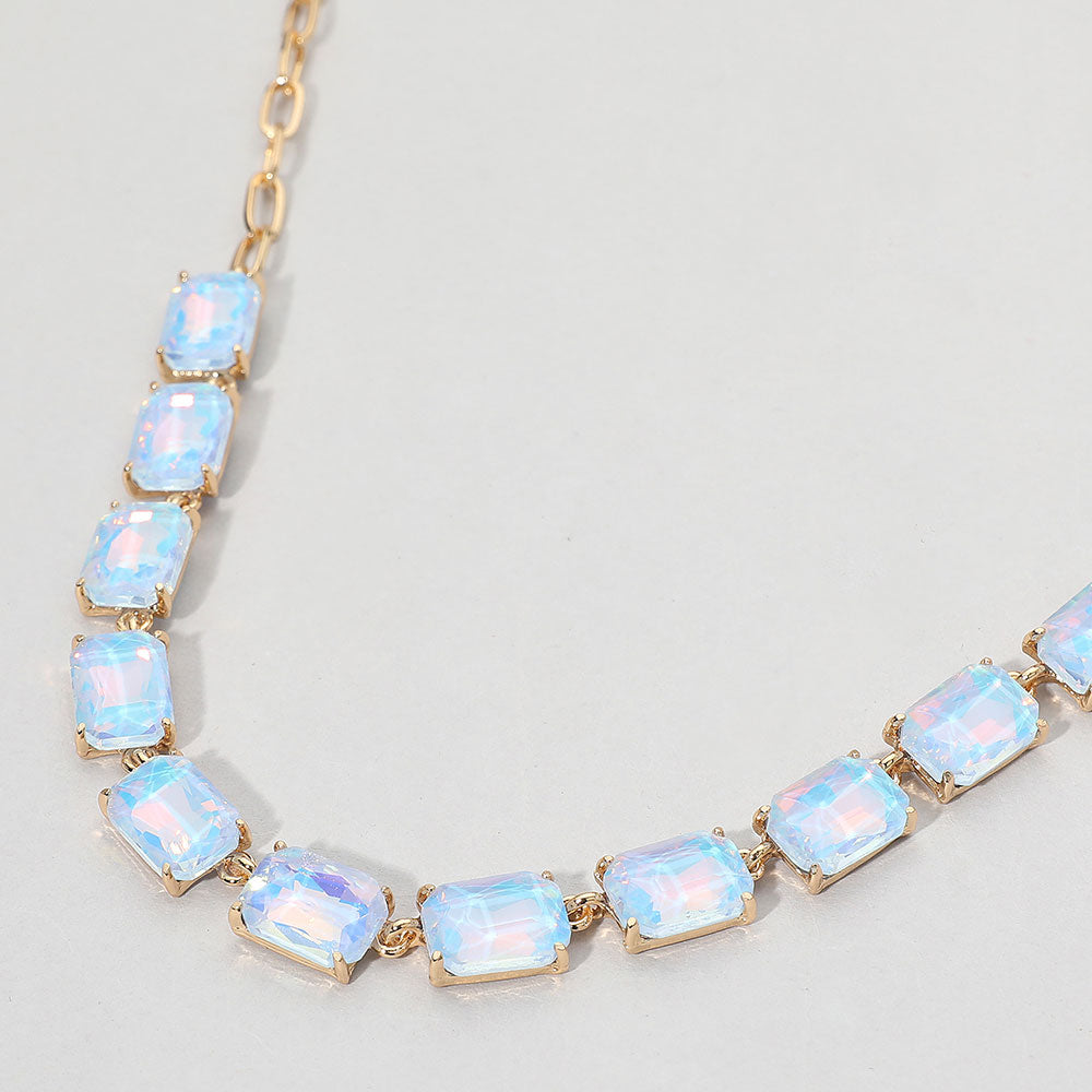 Blue Opal 2 Cushion Rectangular Stone Cluster Link Evening Necklace