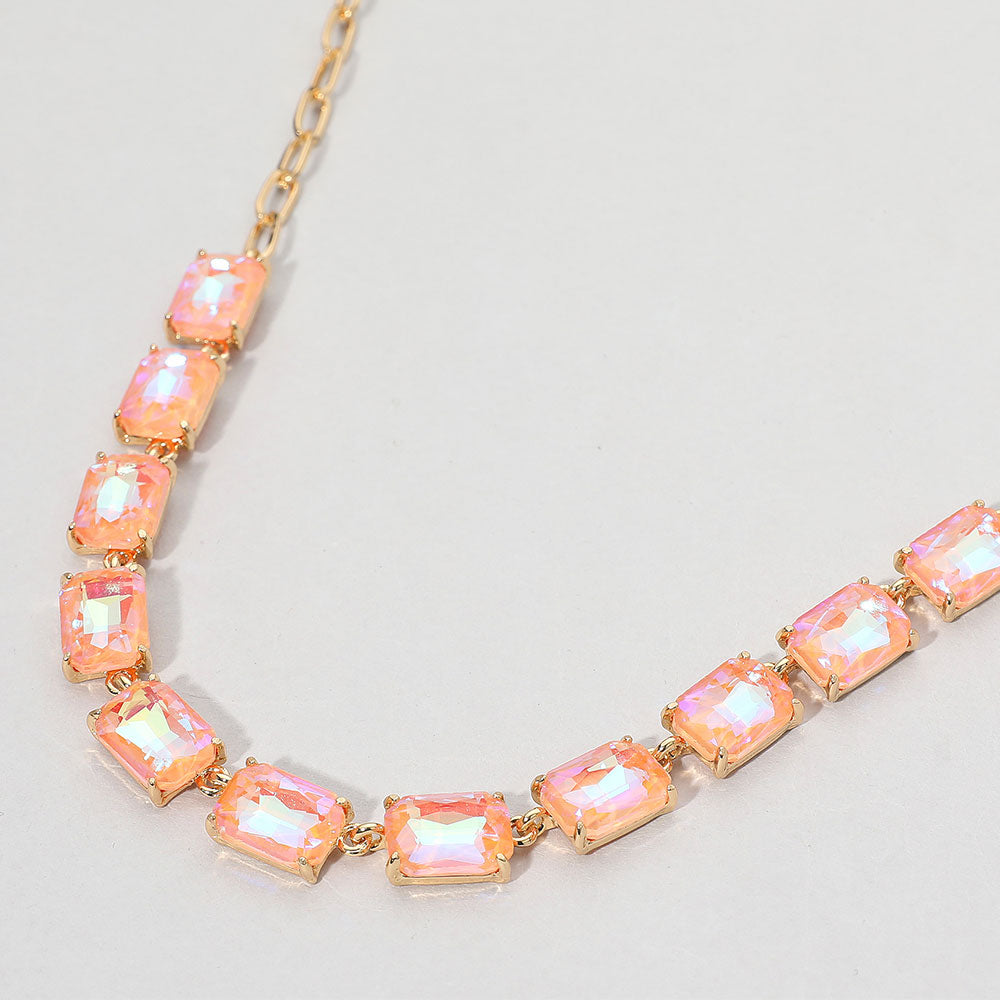 AB, Pink, Cushion Rectangular Stone Cluster Link Evening Necklace
