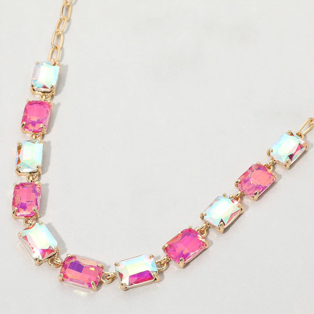 Madeline Love Multi, Pink Cushion Rectangular Stone Cluster Link Evening Necklace