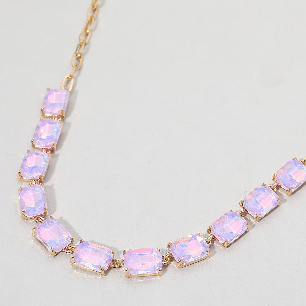 Lavender Opal, Cushion Rectangular Stone Cluster Link Evening Necklace
