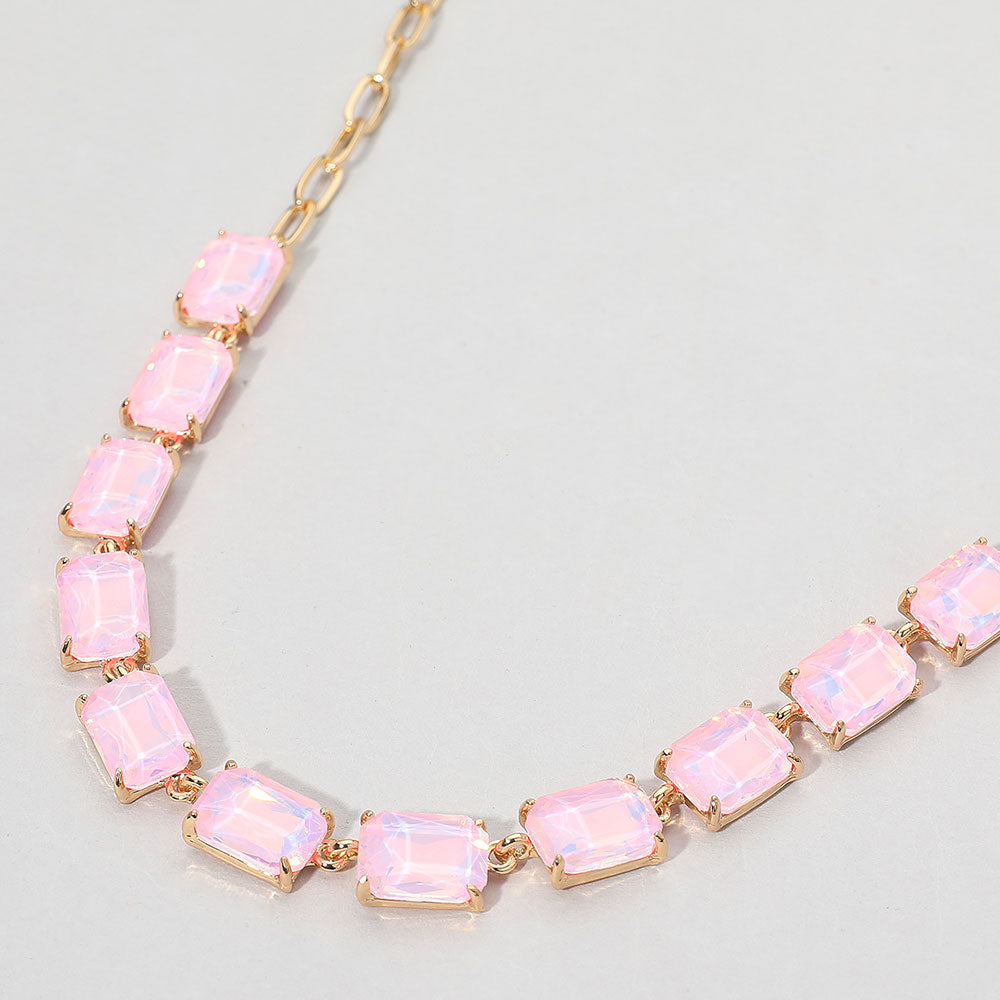 Madeline Love Opal, Pink Cushion Rectangular Stone Cluster Link Evening Necklace