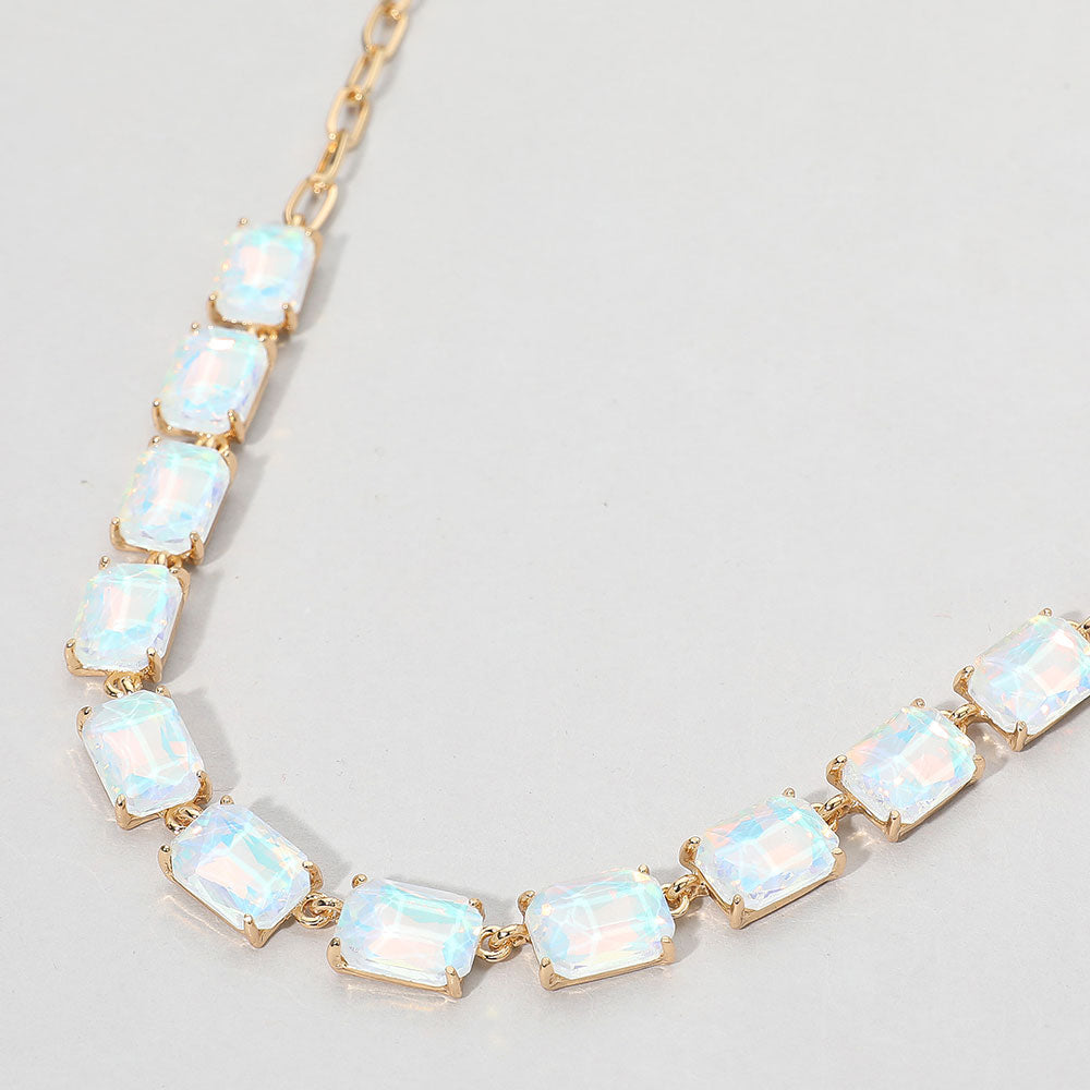 Opal White, Cushion Rectangular Stone Cluster Link Evening Necklace
