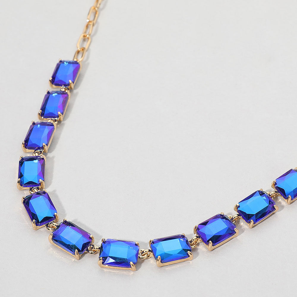 Madeline Love AB, Royal Blue Cushion Rectangular Stone Cluster Link Evening Necklace