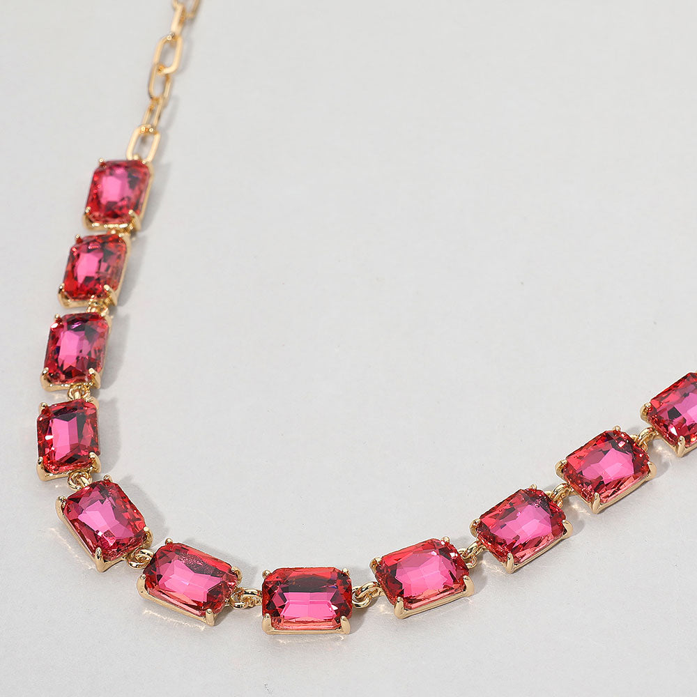 AB Rose, Cushion Rectangular Stone Cluster Link Evening Necklace
