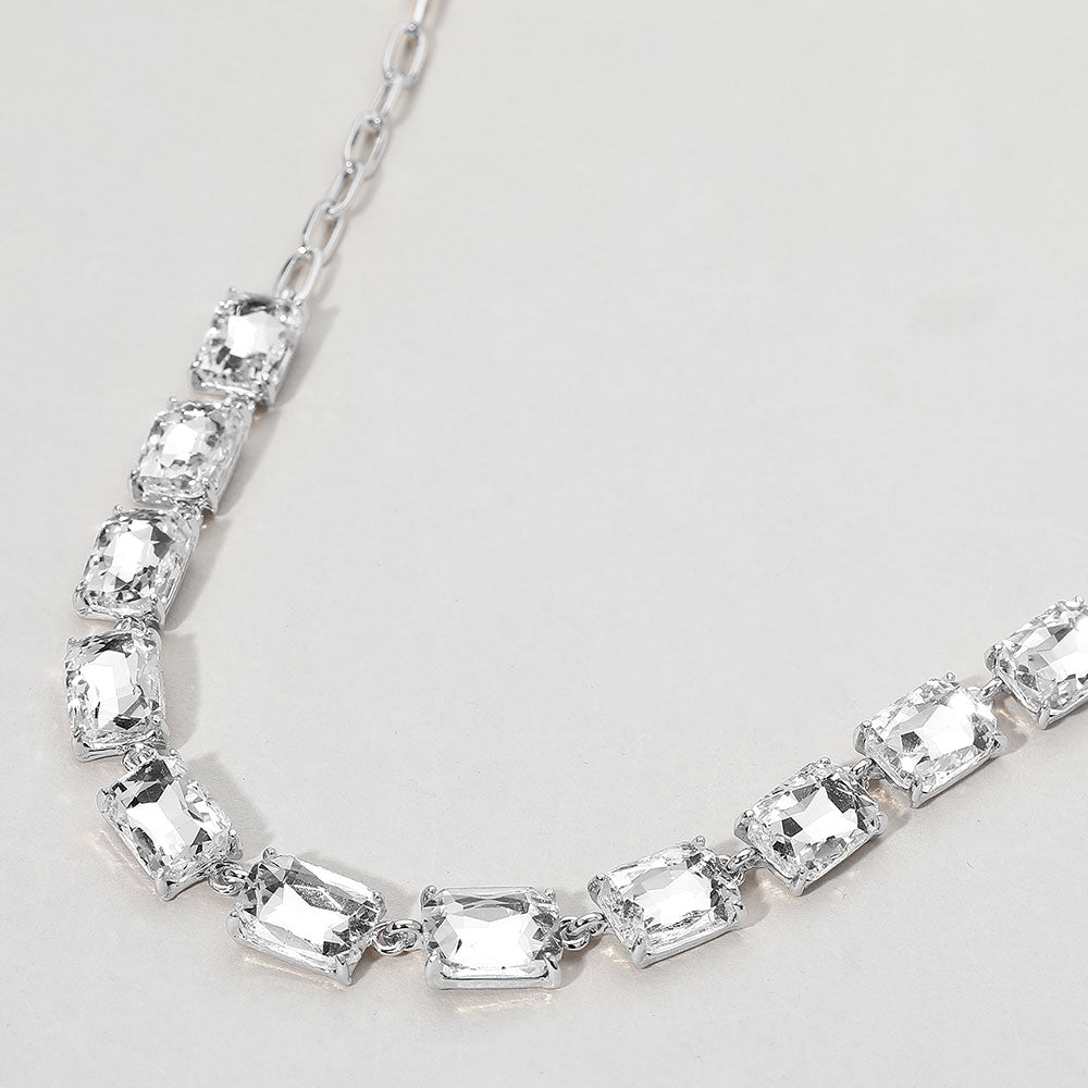 Madeline Love Clear, Silver Cushion Rectangular Stone Cluster Link Evening Necklace