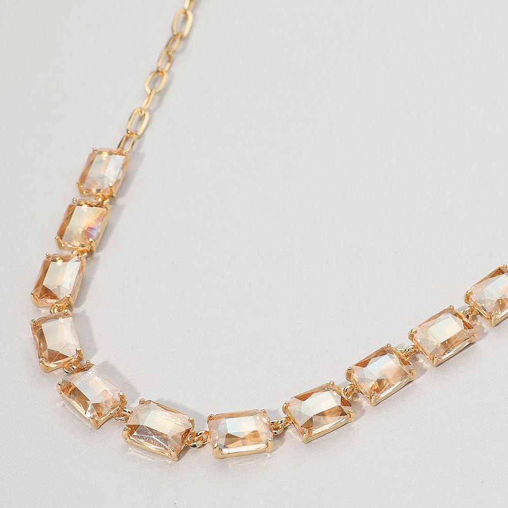 Madeline Love AB, Taupe Cushion Rectangular Stone Cluster Link Evening Necklace