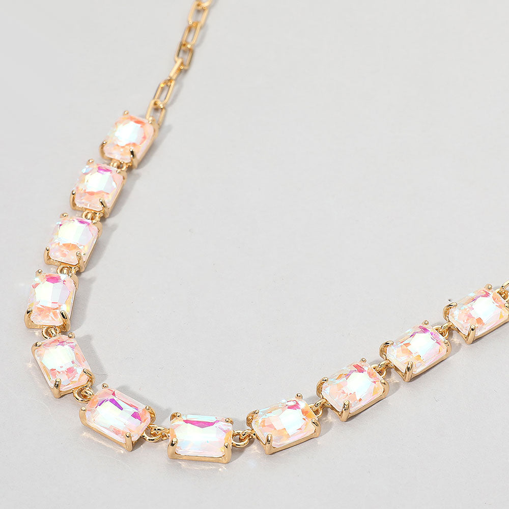 AB, White Cushion Rectangular Stone Cluster Link Evening Necklace