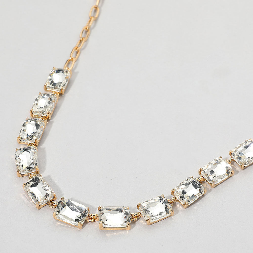 Clear, Gold Cushion Rectangular Stone Cluster Link Evening Necklace