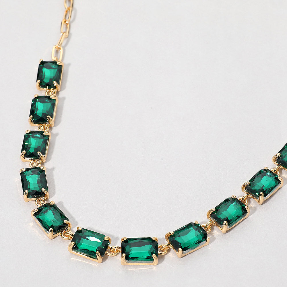 Emerald, Cushion Rectangular Stone Cluster Link Evening Necklace
