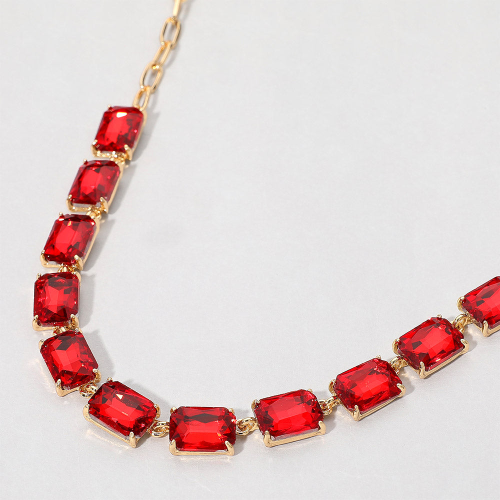 Red, Cushion Rectangular Stone Cluster Link Evening Necklace
