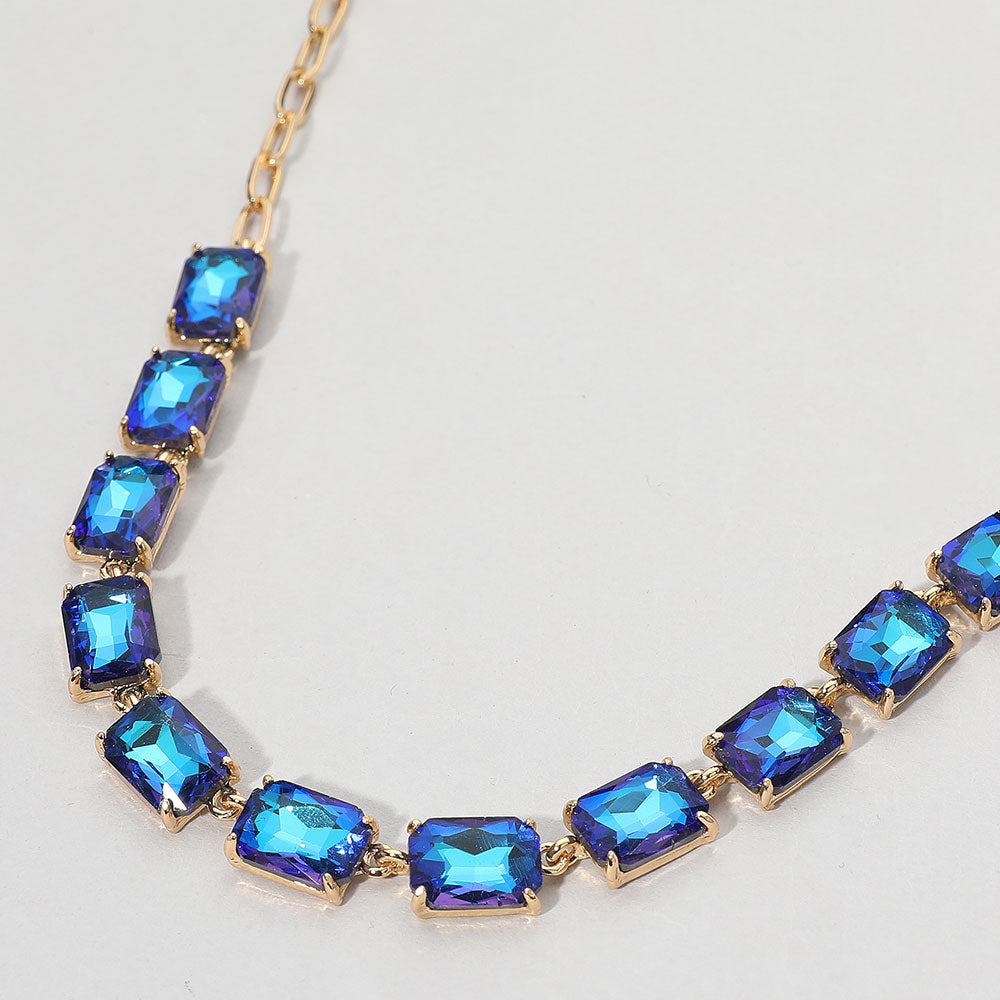 Blue, Gold Cushion Rectangular Stone Cluster Link Evening Necklace
