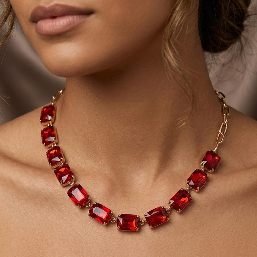 Madeline Love Red Cushion Rectangular Stone Cluster Link Evening Necklace