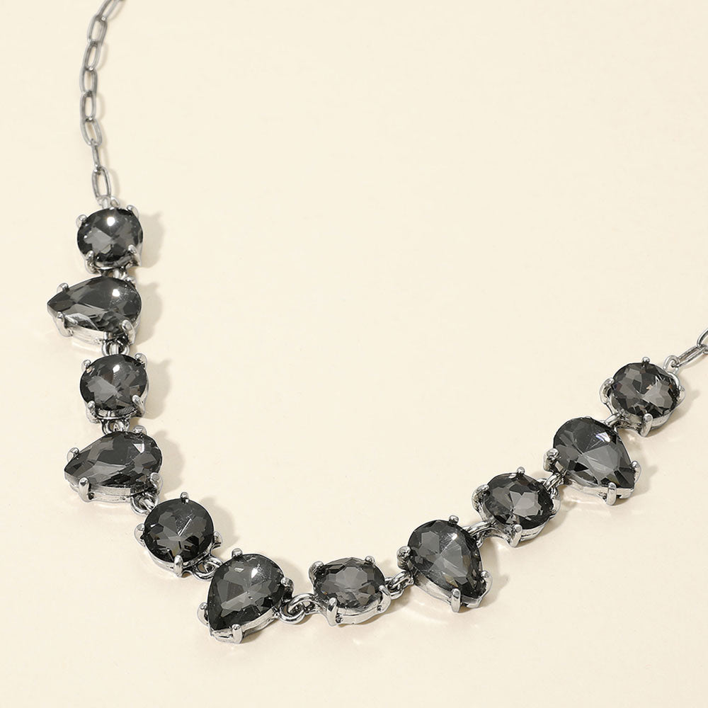 Madeline Love Antique Silver, Black Diamond Cushion Teardrop Round Oval Stone Link Evening Necklace