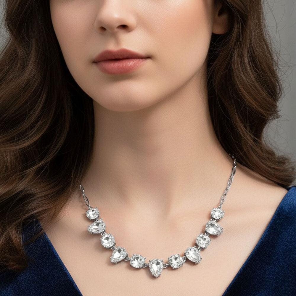 Madeline Love Antique Silver, Clear Cushion Teardrop Round Oval Stone Link Evening Necklace