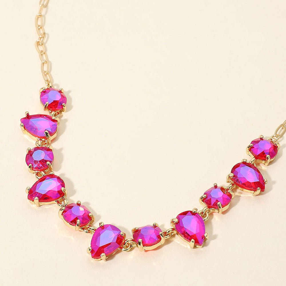 Madeline Love AB, Fuchsia Cushion Teardrop Round Oval Stone Link Evening Necklace