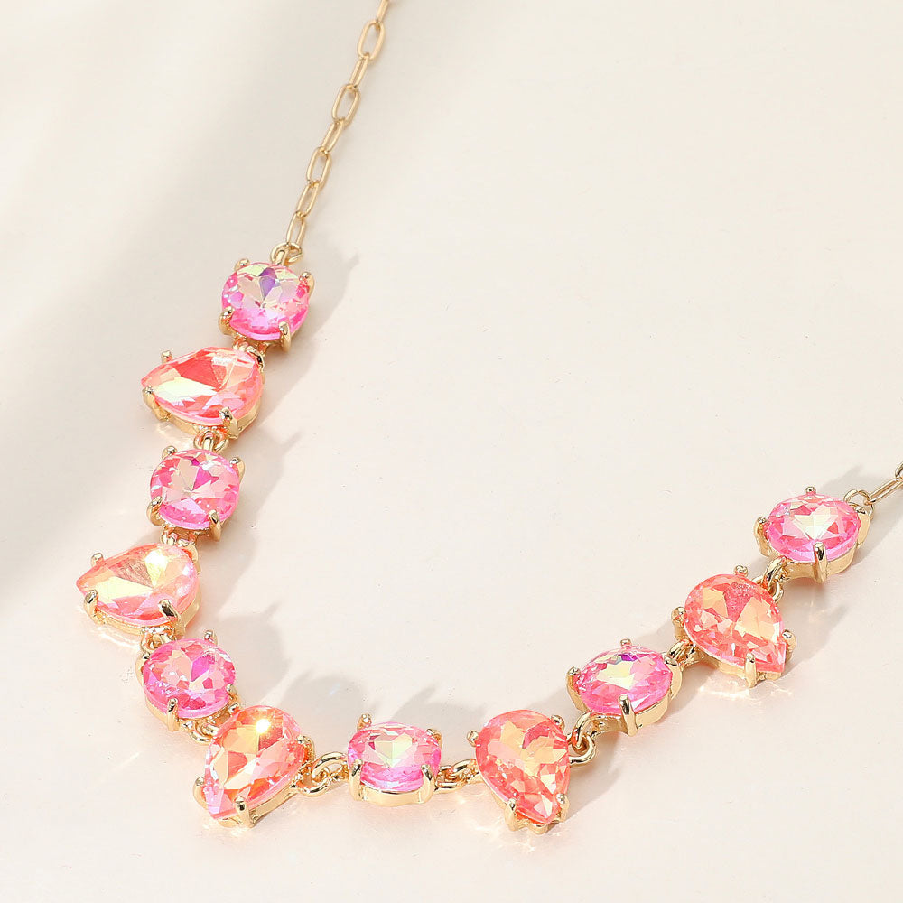 Madeline Love Multi, Pink Cushion Teardrop Round Oval Stone Link Evening Necklace