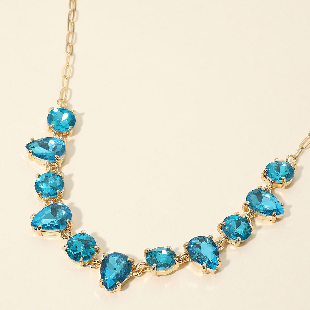Madeline Love Teal Cushion Teardrop Round Oval Stone Link Evening Necklace