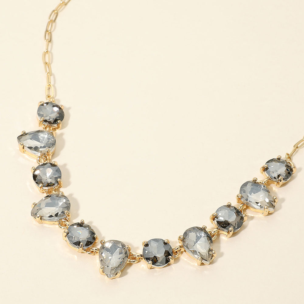 Madeline Love AB, Black Diamond, Gold Cushion Teardrop Round Oval Stone Link Evening Necklace