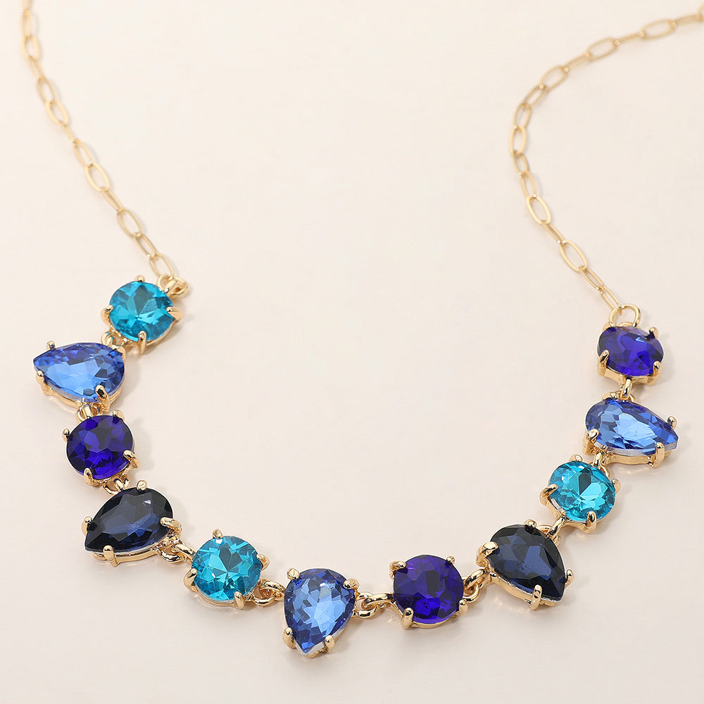 Madeline Love Blue, Gold, Multi Cushion Teardrop Round Oval Stone Link Evening Necklace