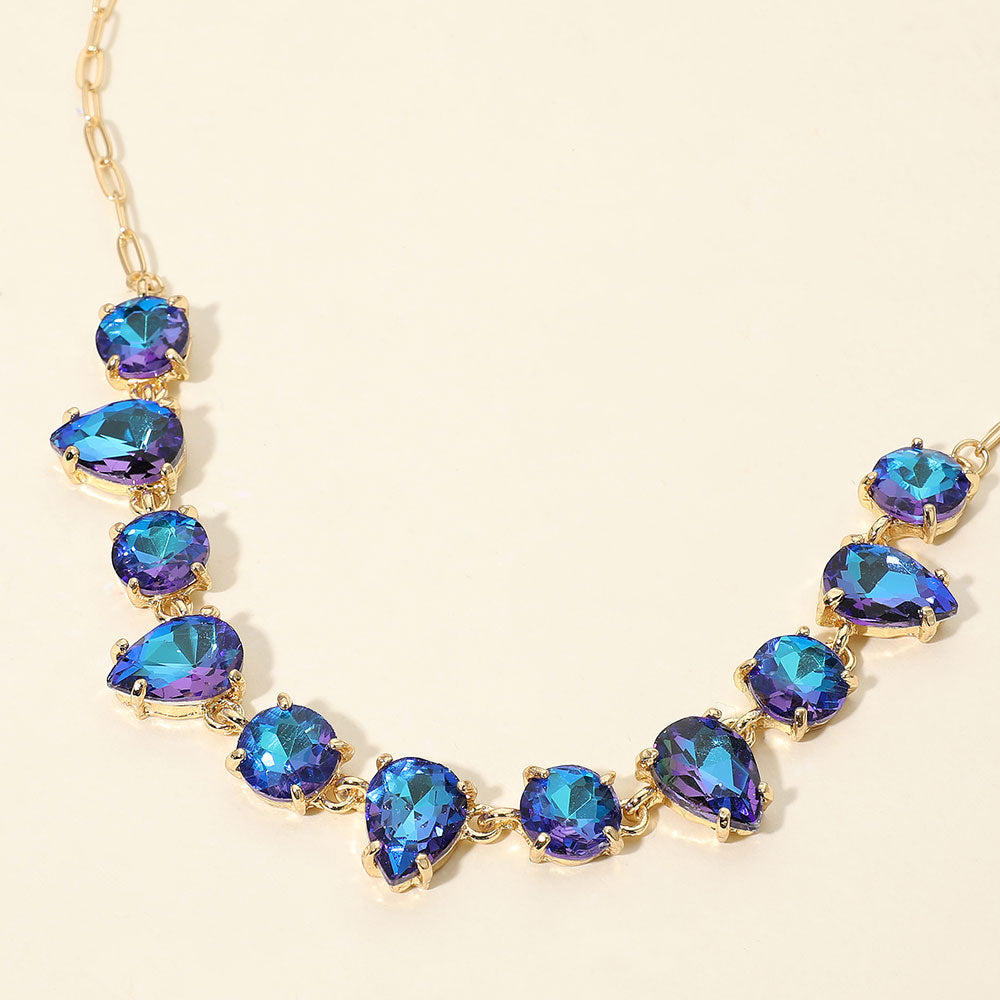 Madeline Love Blue, Gold Cushion Teardrop Round Oval Stone Link Evening Necklace