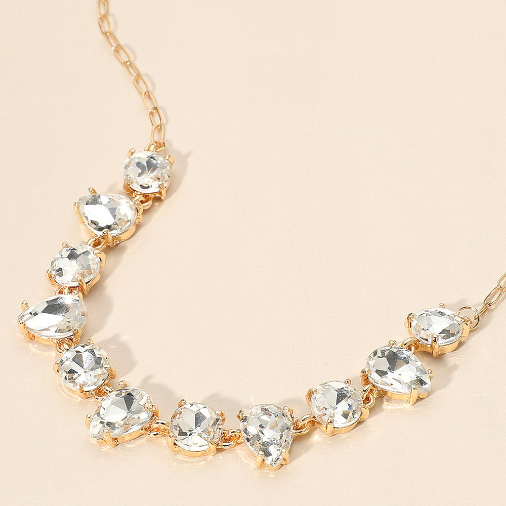 Madeline Love Clear, Gold Cushion Teardrop Round Oval Stone Link Evening Necklace