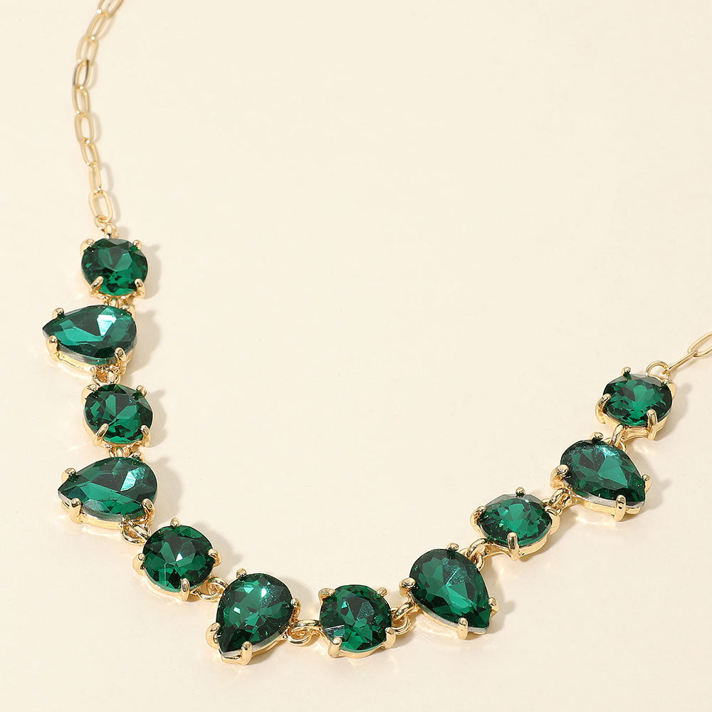 Madeline Love Emerald, Gold Cushion Teardrop Round Oval Stone Link Evening Necklace