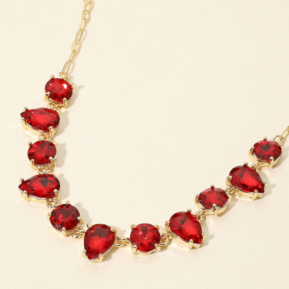 Madeline Love Gold, Red Cushion Teardrop Round Oval Stone Link Evening Necklace