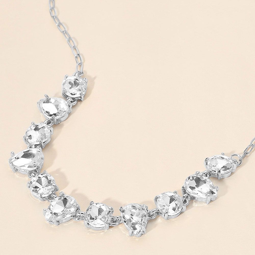 Madeline Love Clear, Silver Cushion Teardrop Round Oval Stone Link Evening Necklace