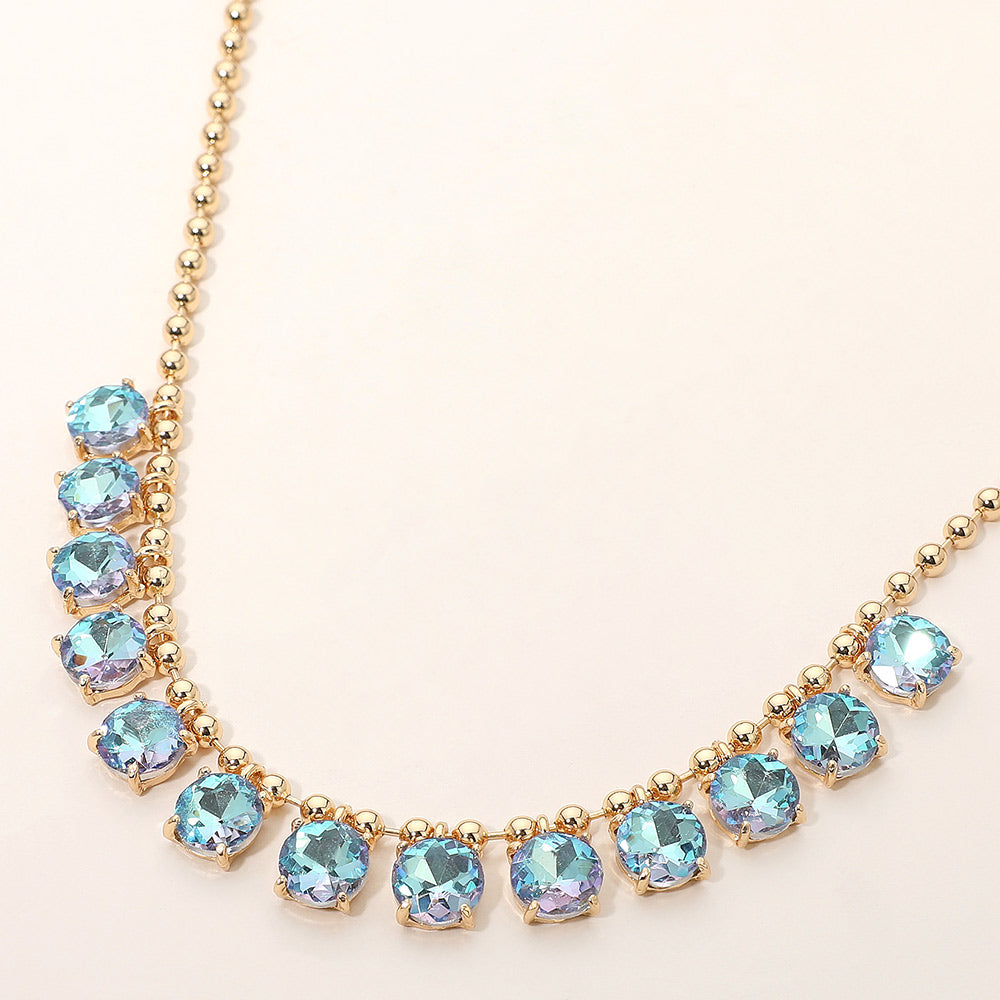 Madeline Love AB, Aqua Cushion Round Stone Beaded Link Evening Necklace