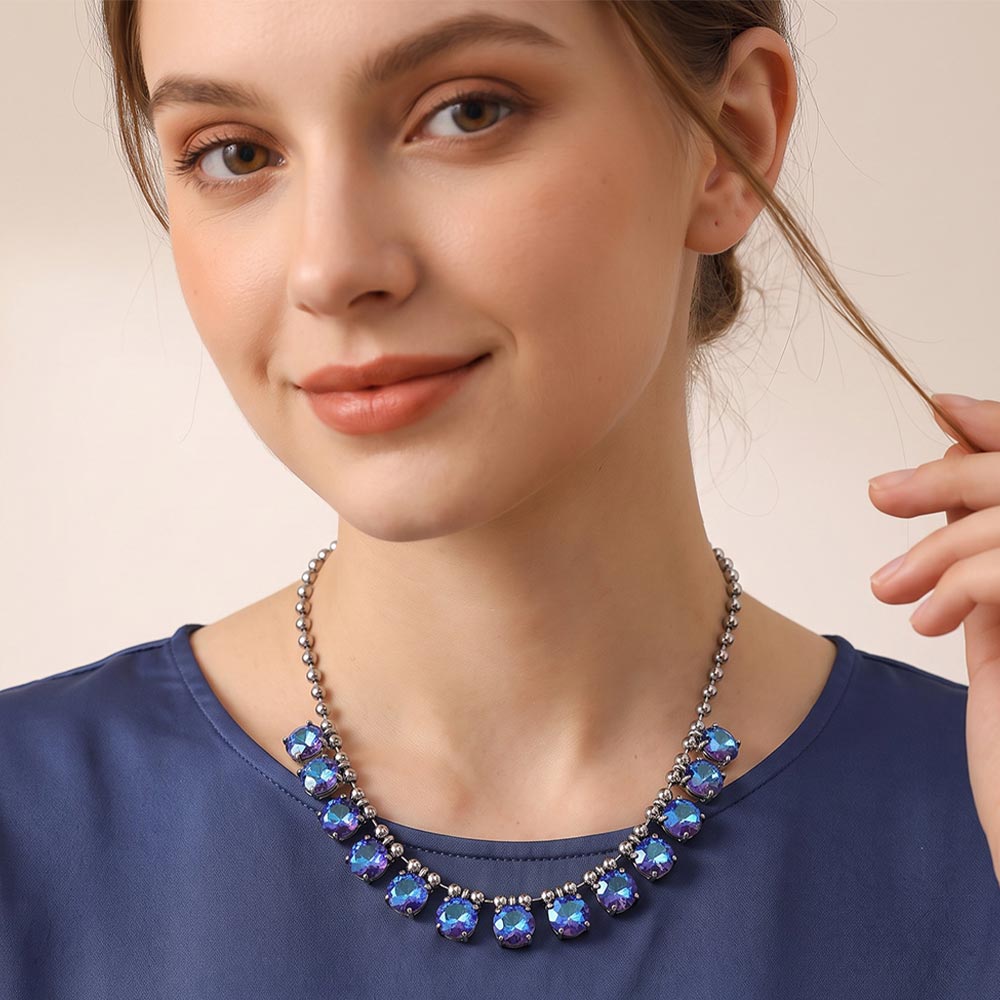 Madeline Love Antique Silver, Blue Cushion Teardrop Round Stone Link Evening Necklace