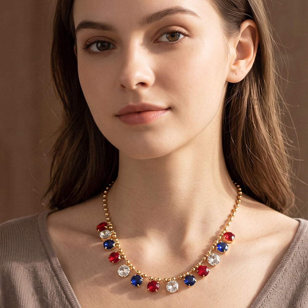 Madeline Love Blue, Red&White Cushion Round Stone Beaded Link Evening Necklace