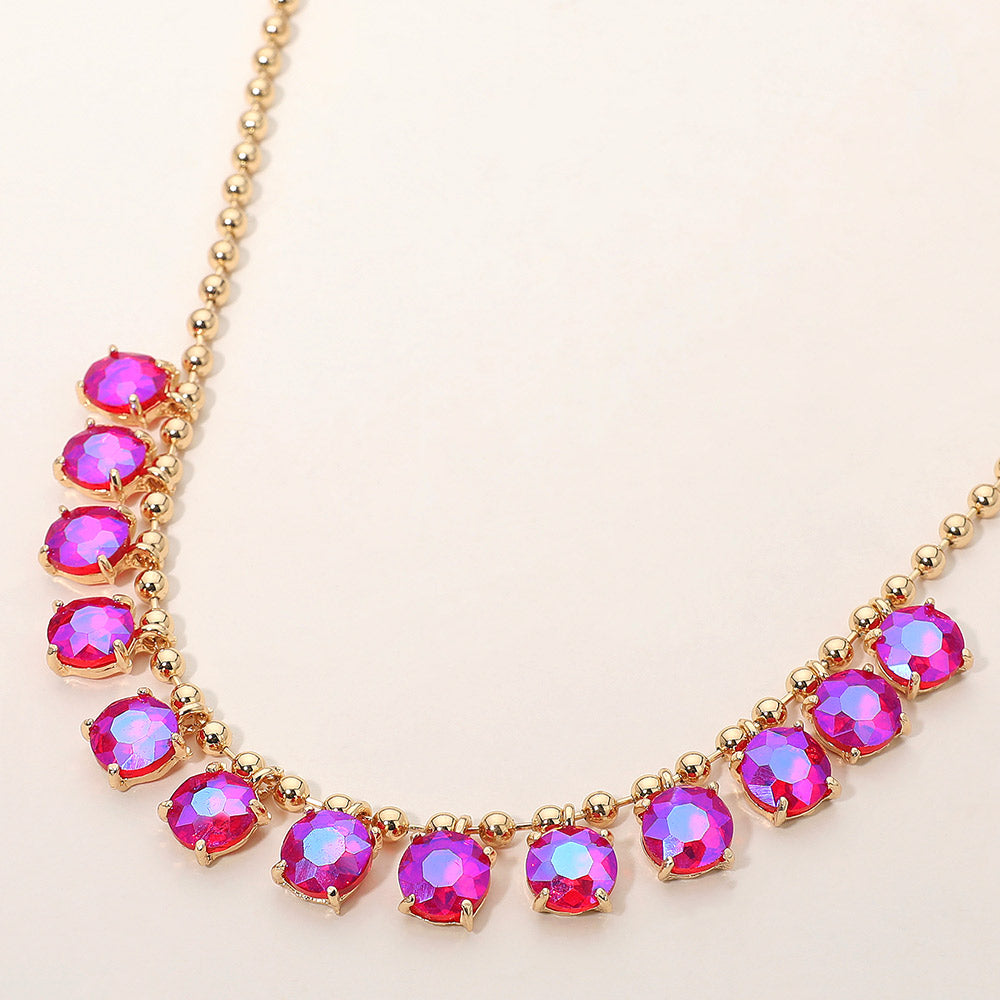 Madeline Love AB, Fuchsia Cushion Round Stone Beaded Link Evening Necklace