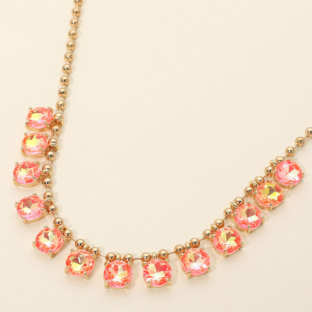 Madeline Love AB, Coral, Neon Cushion Round Stone Beaded Link Evening Necklace