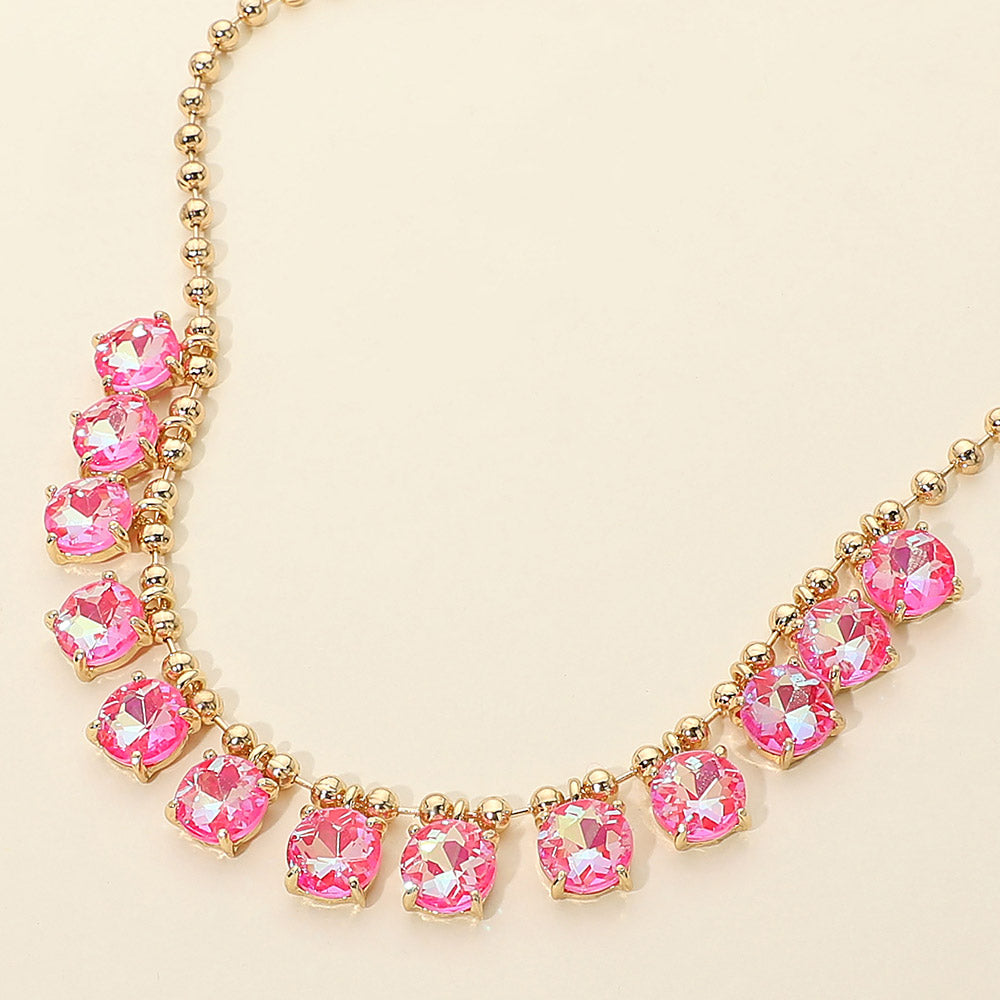 Madeline Love AB, Fuchsia, Neon Cushion Round Stone Beaded Link Evening Necklace