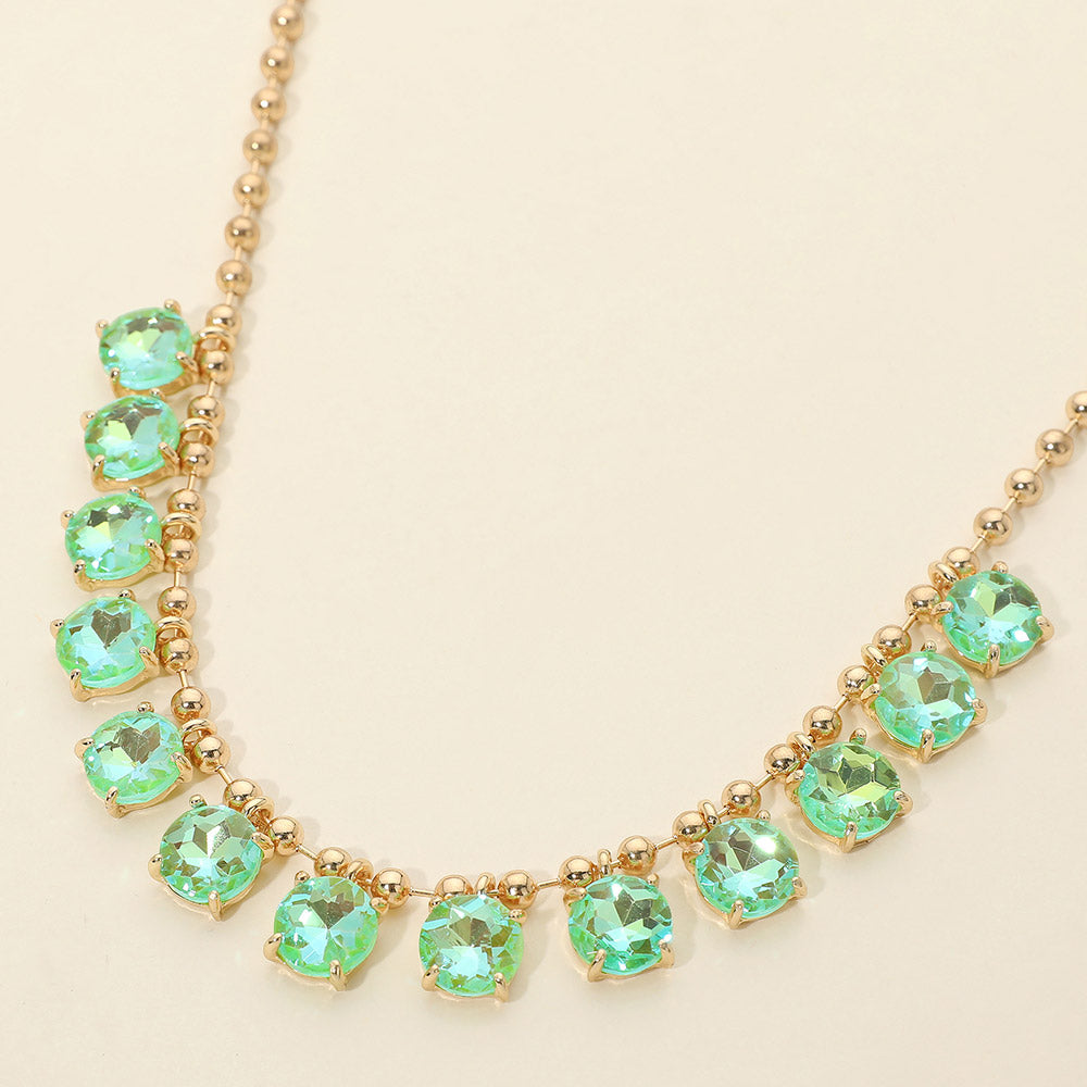 Madeline Love AB, Mint, Neon Cushion Round Stone Beaded Link Evening Necklace