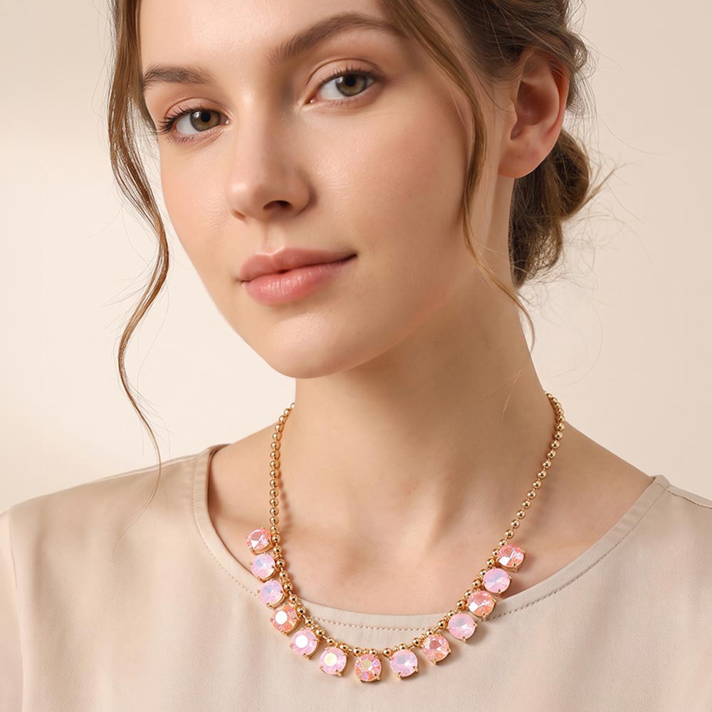 Madeline Love Multi, Opal, Pink Cushion Round Stone Beaded Link Evening Necklace
