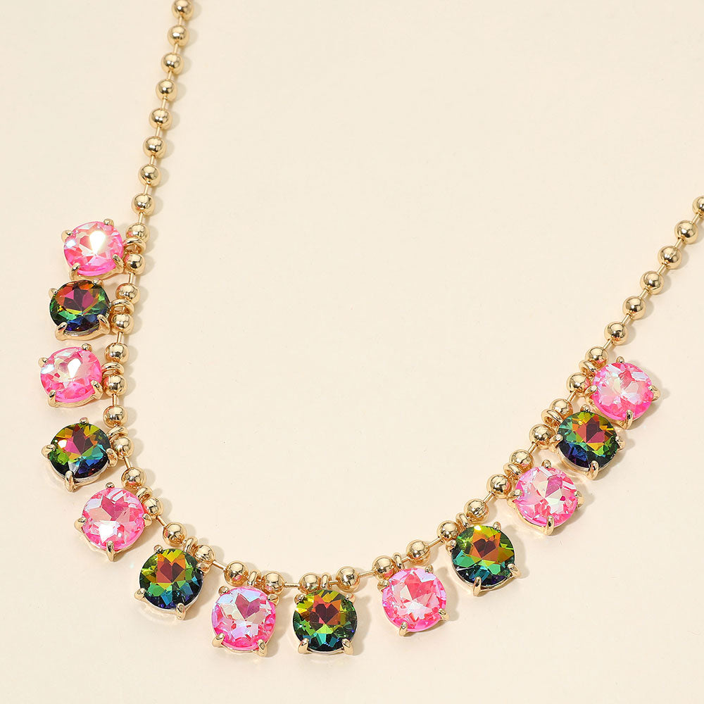 Madeline Love Fuchsia, Neon, Vitrail Medium Cushion Round Stone Beaded Link Evening Necklace