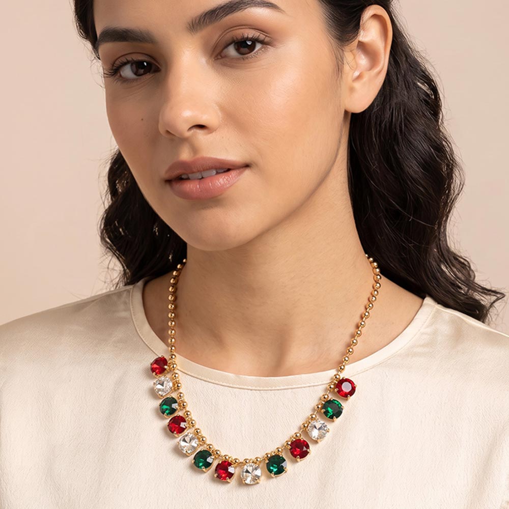 Madeline Love Green, Red Cushion Teardrop Round Stone Link Evening Necklace
