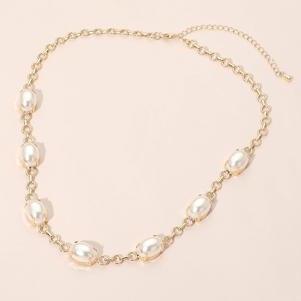 Madeline Love Cream, Gold Oval Pearl Cluster Station Evening Necklace