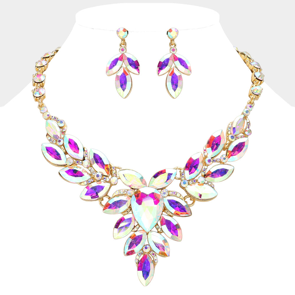 Madeline Love AB, Gold Teardrop Center Marquise Stone Cluster Evening Necklace