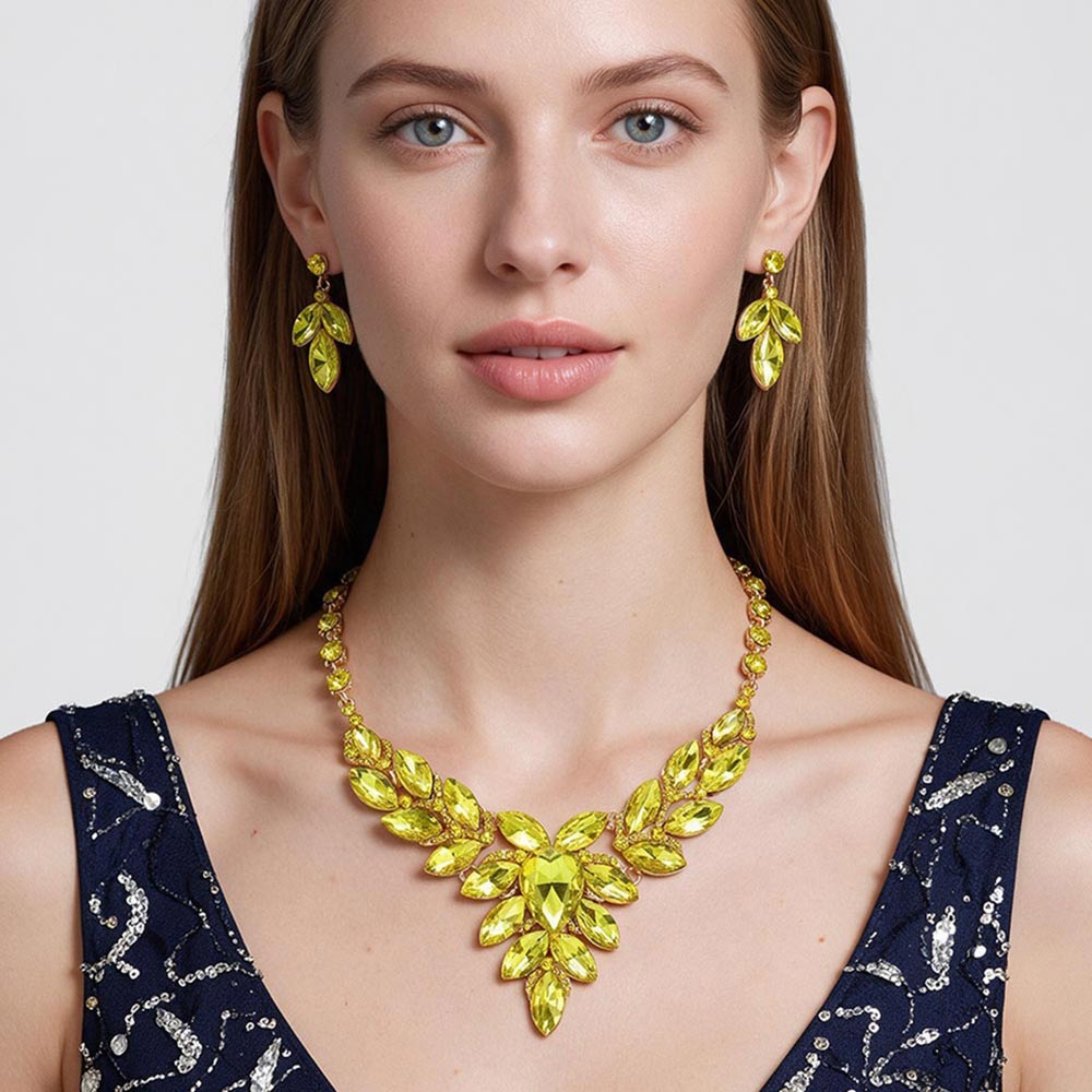 Madeline Love Gold, Yellow Teardrop Center Marquise Stone Cluster Evening Necklace