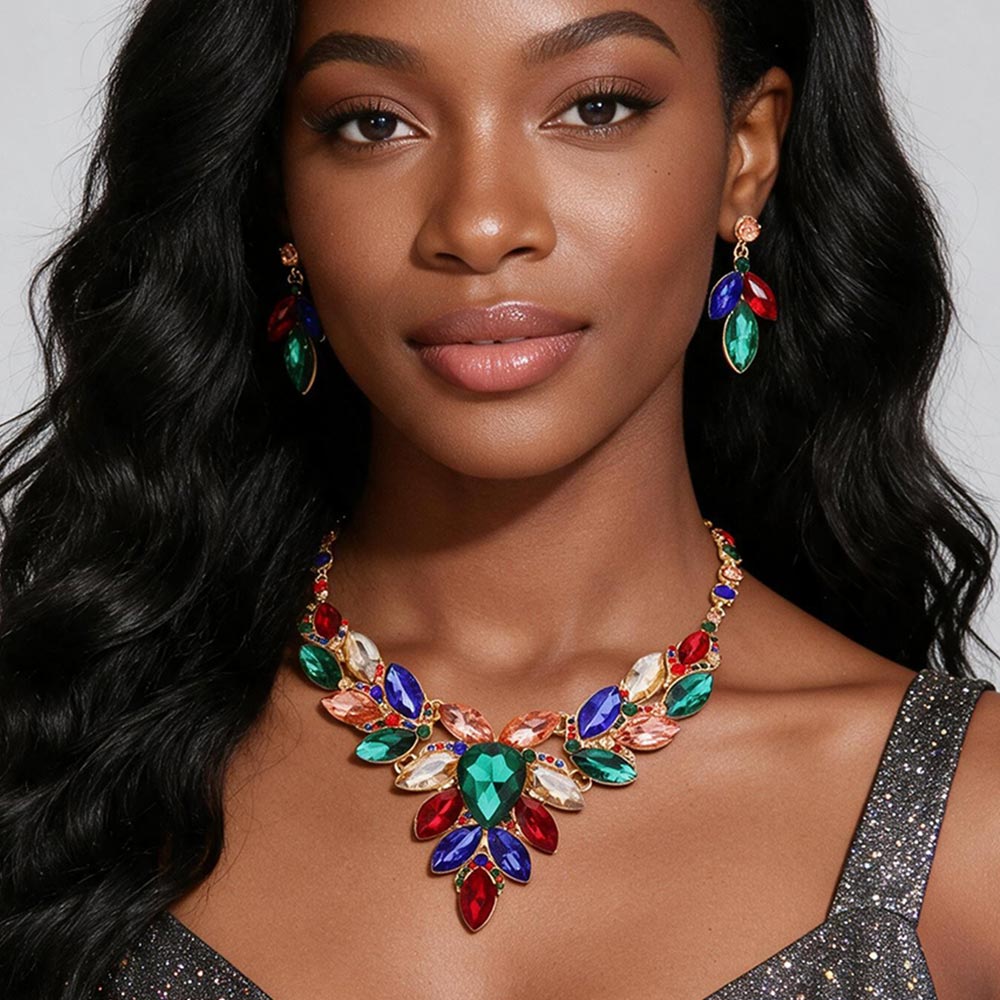 Madeline Love Gold, Multi Teardrop Center Marquise Stone Cluster Evening Necklace