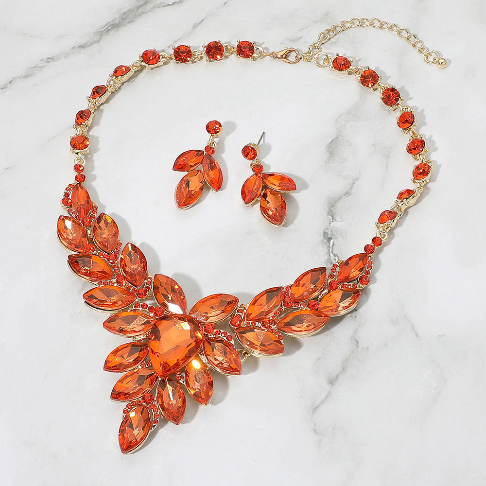 Madeline Love Gold, Orange Teardrop Center Marquise Stone Cluster Evening Necklace