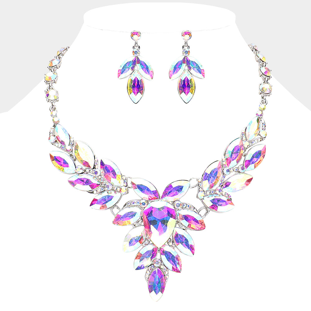Madeline Love AB, Silver Teardrop Center Marquise Stone Cluster Evening Necklace