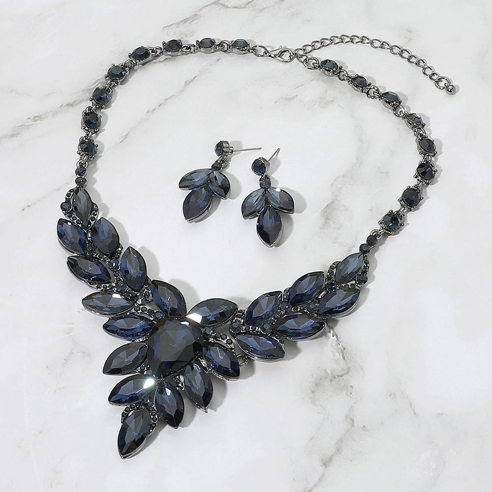 Madeline Love Montana Blue, Silver Teardrop Center Marquise Stone Cluster Evening Necklace