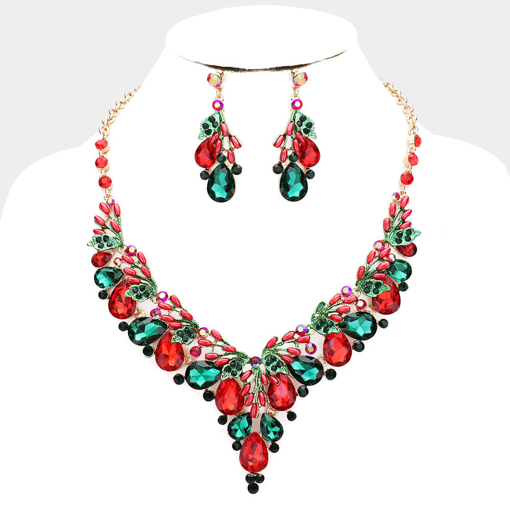 Madeline Love Gold, Red Teardrop Glass Crystal Vine Collar Evening Necklace
