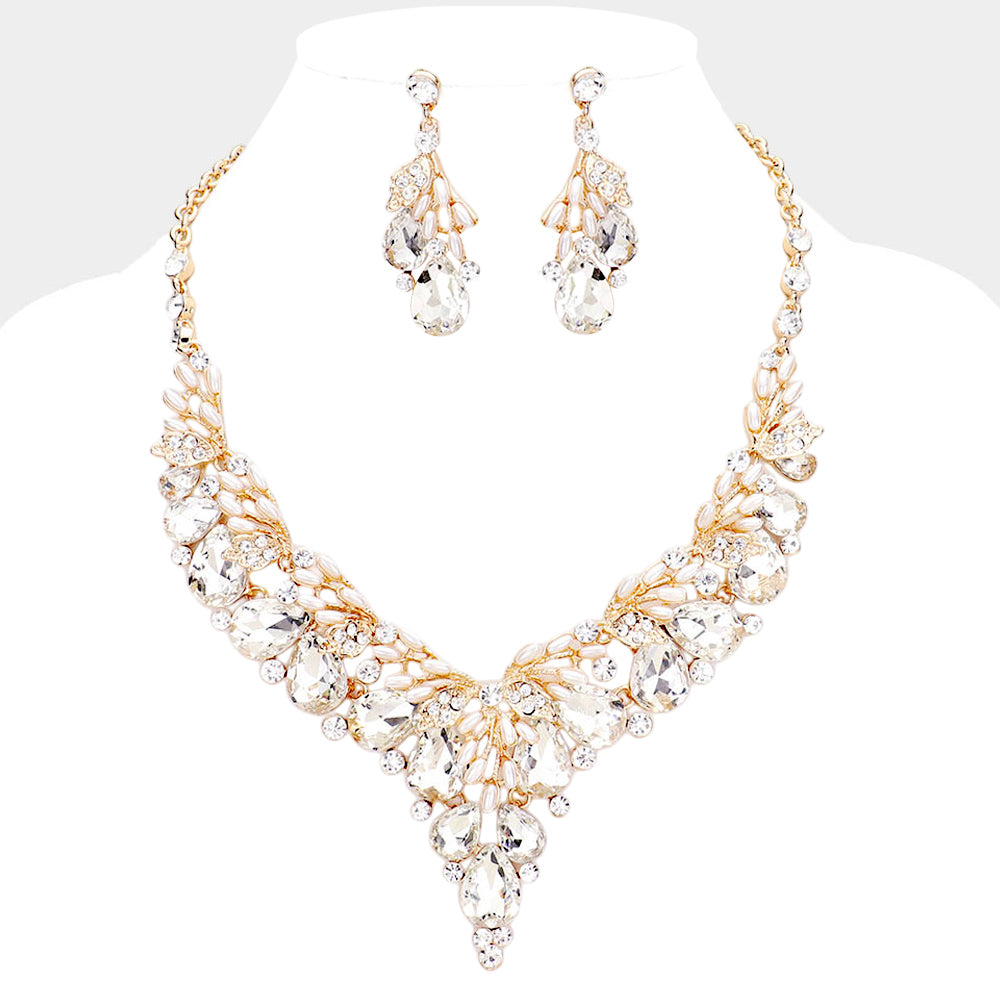 Madeline Love Clear, Gold Teardrop Glass Crystal Vine Collar Evening Necklace