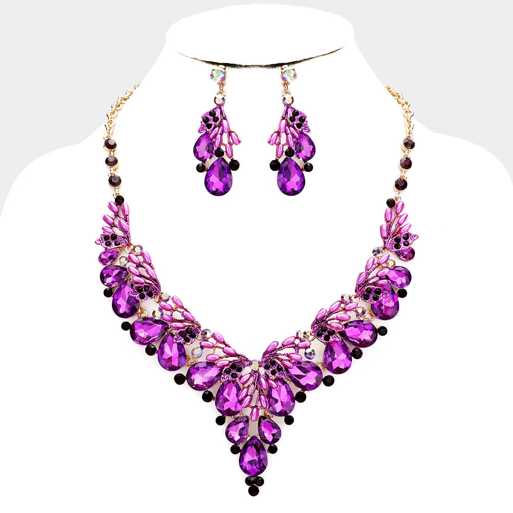 Madeline Love Gold, Purple Teardrop Glass Crystal Vine Collar Evening Necklace